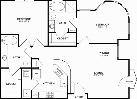 Floor plan for 2 beds, 2 baths, 1265 sqft